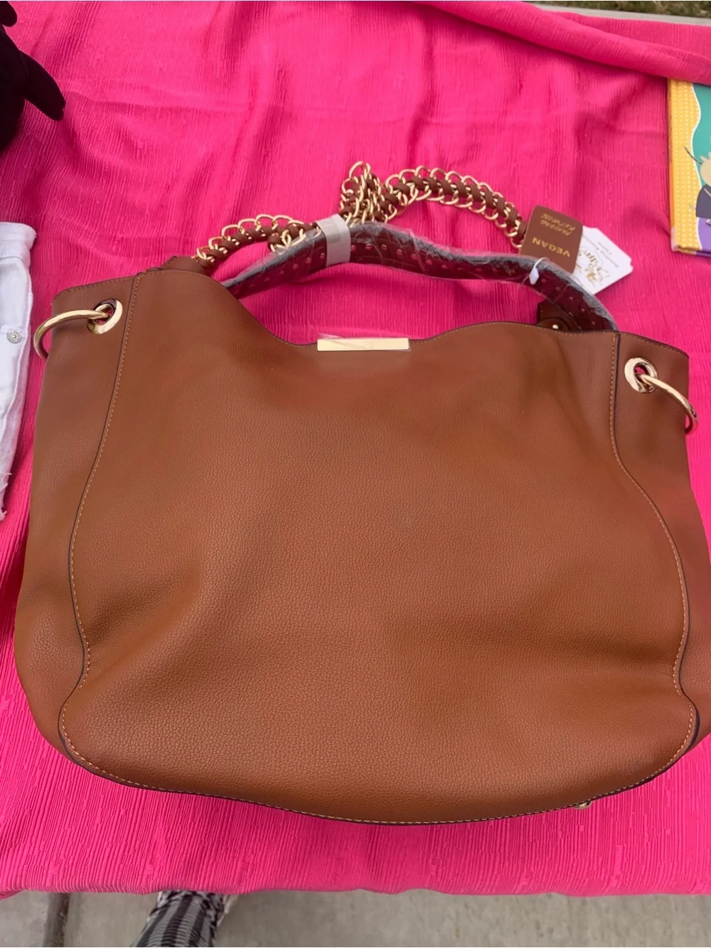 Vegan Brown Women's Tote Bag with Gold Chain Accents